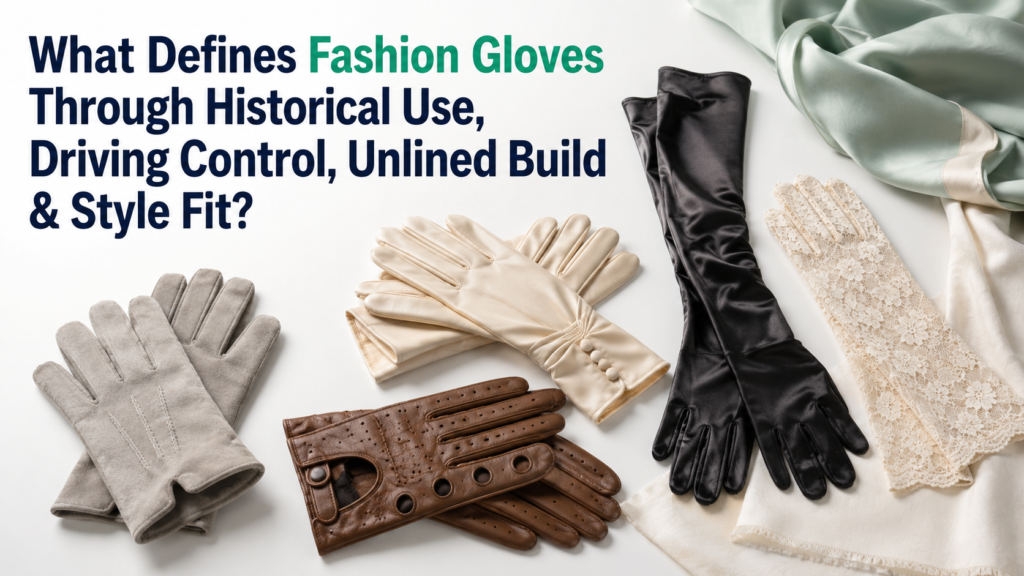 Fashion gloves in day, opera, evening, and driving styles with leather, suede, satin, lace, and unlined materials